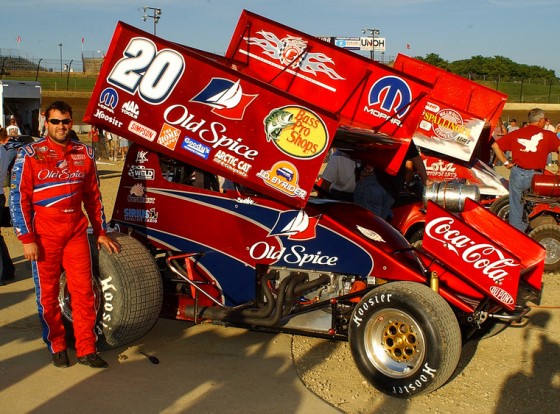 Tony Stewart poses with the Old Spice 360 winged sprint car at Eldora Motor Speedway.