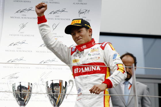 2015 GP2 Series Round 4.  Red Bull Ring, Spielberg, Austria.  Sunday 21 June 2015. Rio Haryanto (INA, Campos Racing) celebrates his win on the podium.
