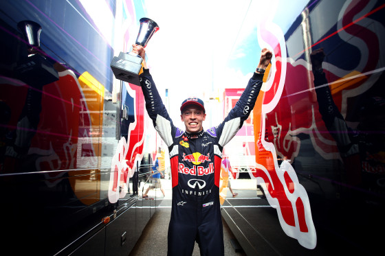 BUDAPEST, HUNGARY - JULY 26:  Daniil Kvyat of Russia and Infiniti Red Bull Racing celebrates after finishing second in the Formula One Grand Prix of Hungary at Hungaroring on July 26, 2015 in Budapest, Hungary.  (Photo by Mark Thompson/Getty Images)