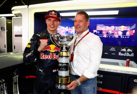 MONTMELO, SPAIN - MAY 15: Max Verstappen of Netherlands and Red Bull Racing celebrates his first F1 win with father Jos Verstappen during the Spanish Formula One Grand Prix at Circuit de Catalunya on May 15, 2016 in Montmelo, Spain. (Photo by Clive Mason/Getty Images) // Getty Images / Red Bull Content Pool // P-20160515-00958 // Usage for editorial use only // Please go to www.redbullcontentpool.com for further information. //