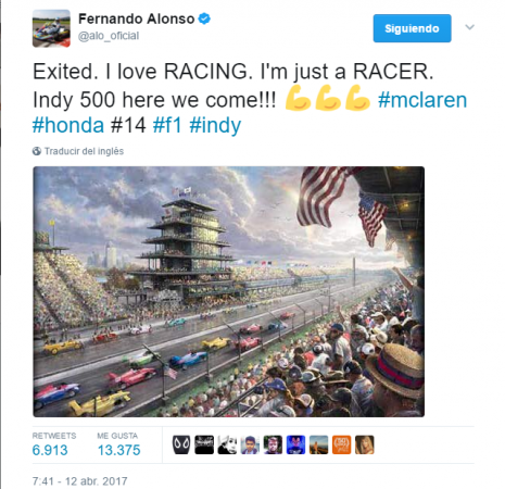 "Emocionado. Amo las carreras. Soy un corredor. Indy 500 aquí vamos!" 
