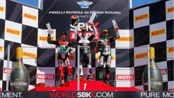 De izquierda a derecha: Rinaldi, Facanni y Scheib en el podio en Misano (Imagen: Prensa WorldSBK)